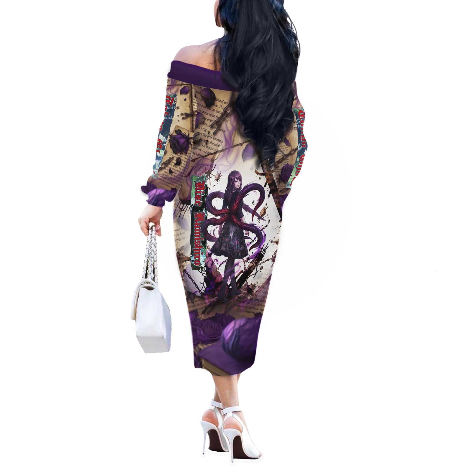 Rize Kamishiro Tokyo Ghoul Off The Shoulder Long Sleeve Dress Gothic Collage Style with Newspaper and Purple Rose Motif