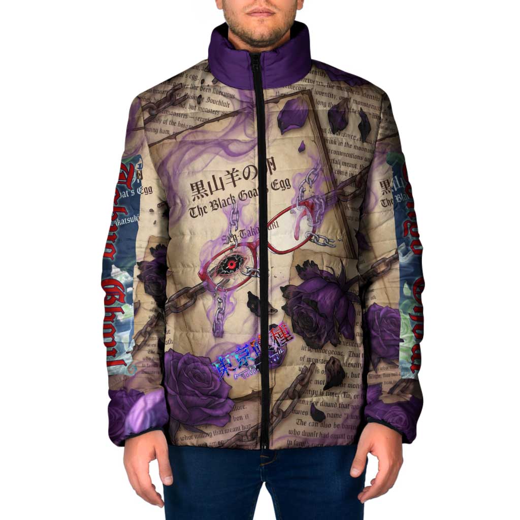 Rize Kamishiro Tokyo Ghoul Padded Jacket Gothic Collage Style with Newspaper and Purple Rose Motif
