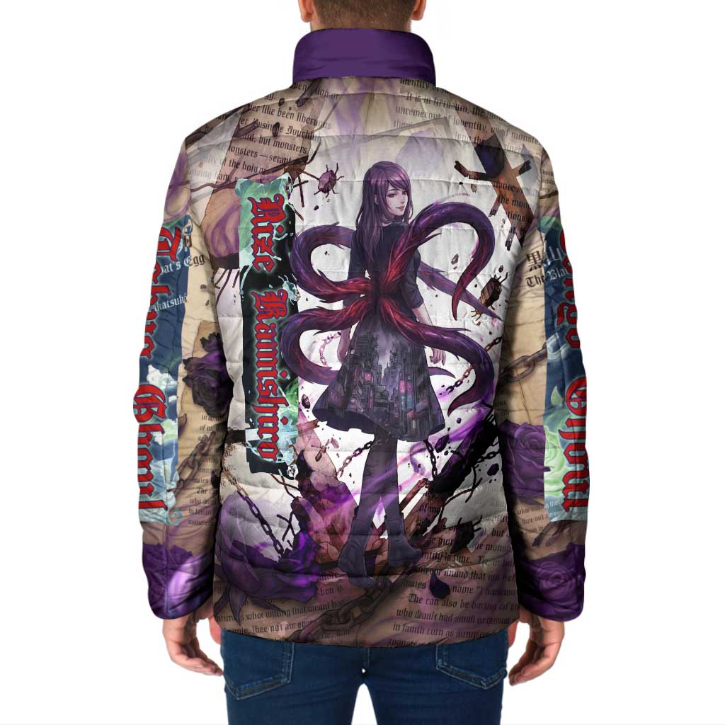 Rize Kamishiro Tokyo Ghoul Padded Jacket Gothic Collage Style with Newspaper and Purple Rose Motif