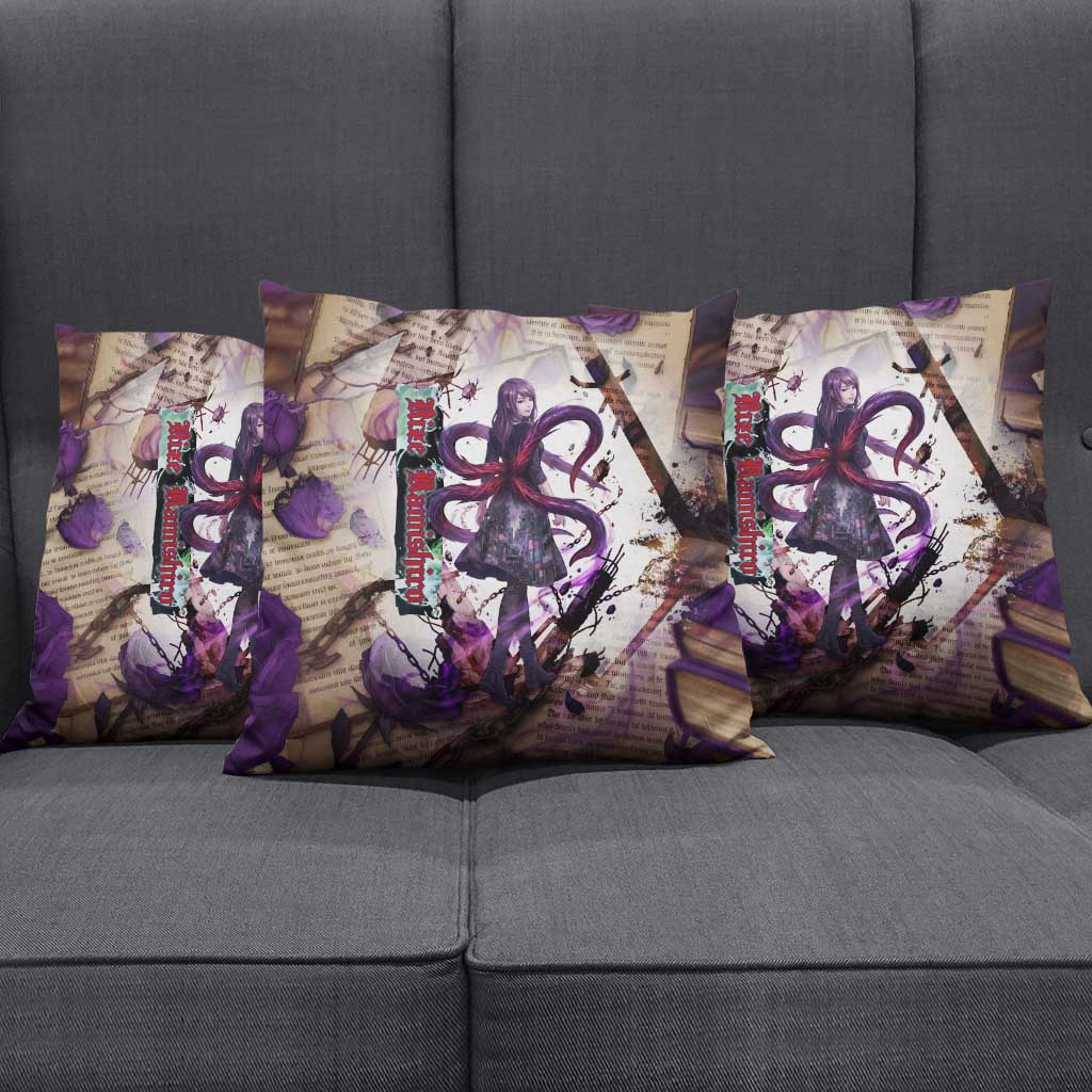 Rize Kamishiro Tokyo Ghoul Pillow Cover Gothic Collage Style with Newspaper and Purple Rose Motif