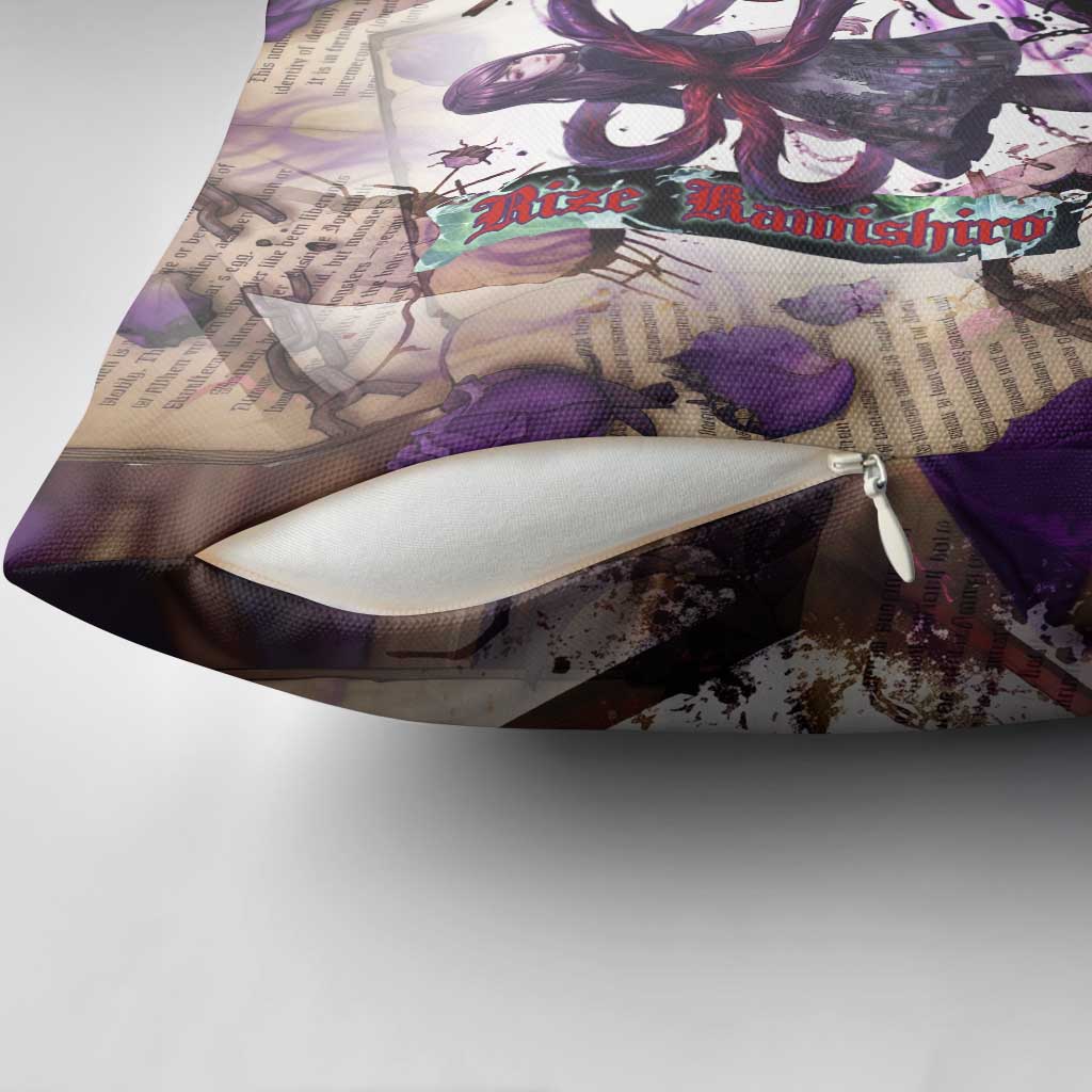 Rize Kamishiro Tokyo Ghoul Pillow Cover Gothic Collage Style with Newspaper and Purple Rose Motif