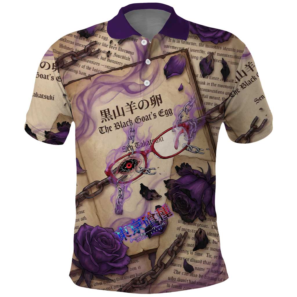 Rize Kamishiro Tokyo Ghoul Polo Shirt Gothic Collage Style with Newspaper and Purple Rose Motif