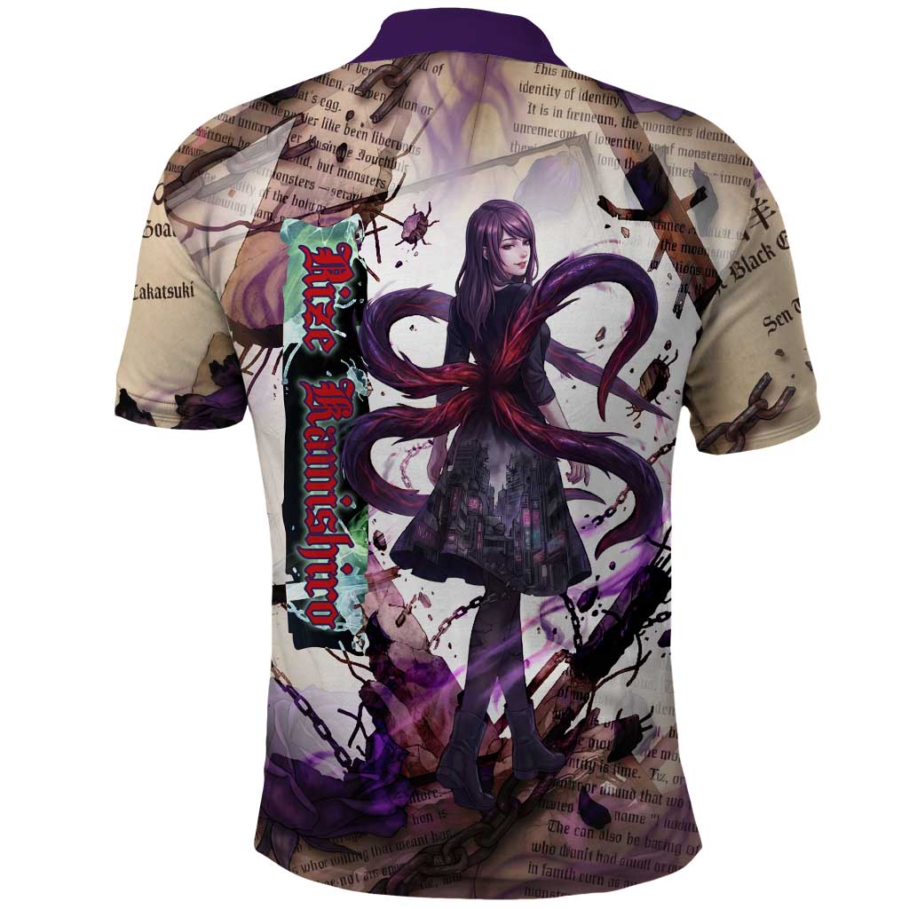 Rize Kamishiro Tokyo Ghoul Polo Shirt Gothic Collage Style with Newspaper and Purple Rose Motif