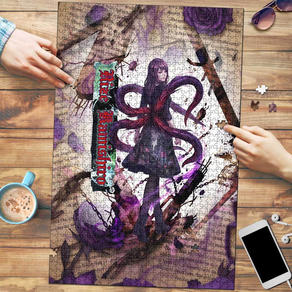 Rize Kamishiro Tokyo Ghoul Puzzle Gothic Collage Style with Newspaper and Purple Rose Motif