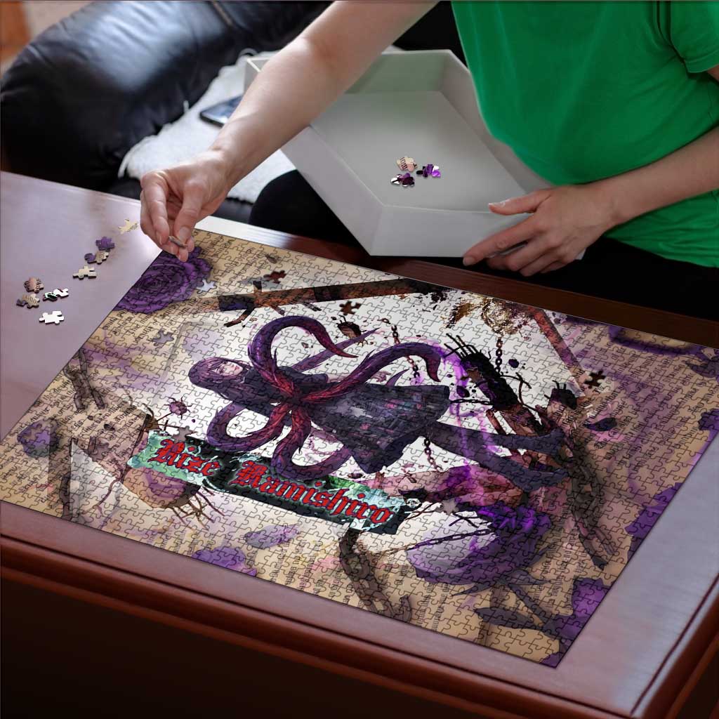 Rize Kamishiro Tokyo Ghoul Puzzle Gothic Collage Style with Newspaper and Purple Rose Motif