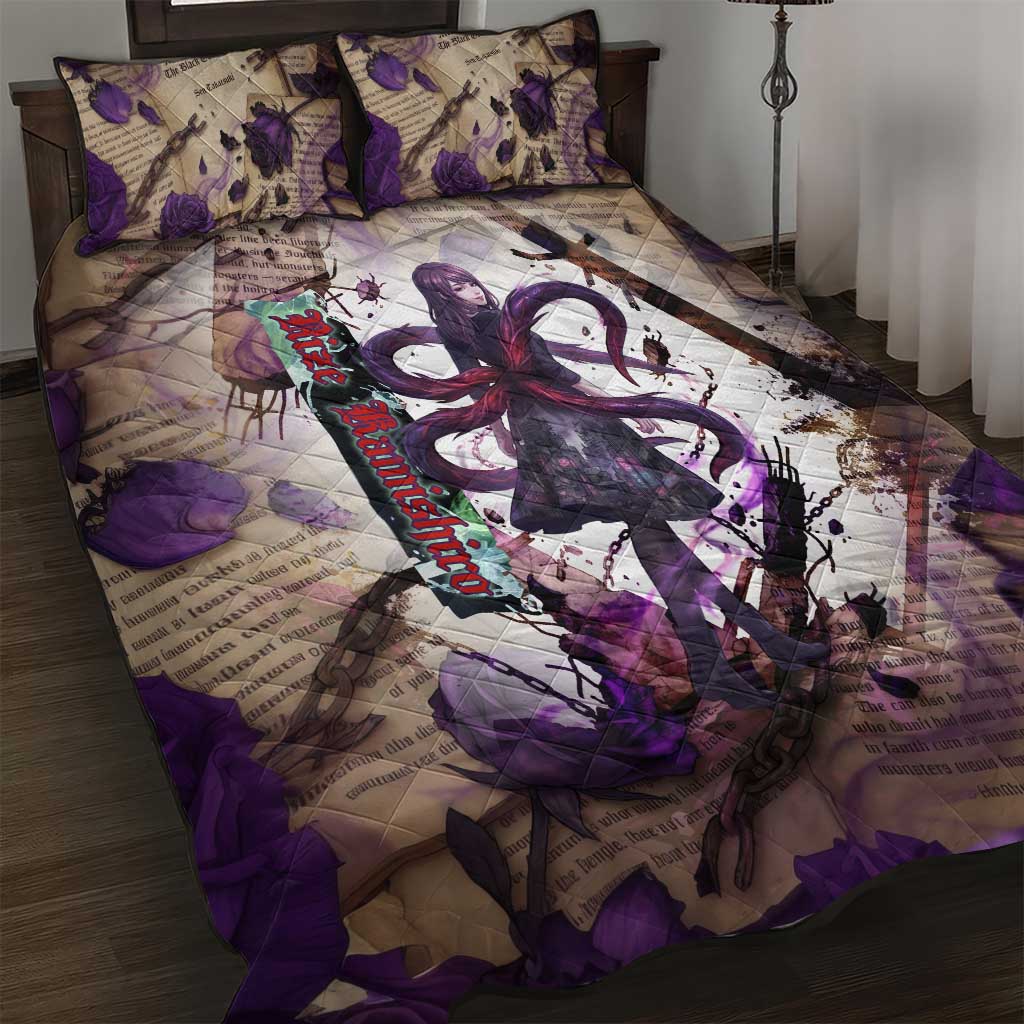 Rize Kamishiro Tokyo Ghoul Quilt Bed Set Gothic Collage Style with Newspaper and Purple Rose Motif