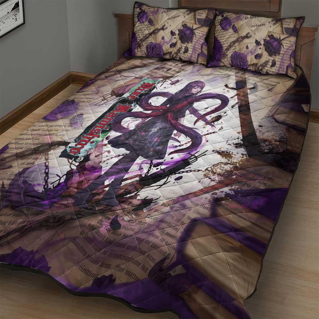 Rize Kamishiro Tokyo Ghoul Quilt Bed Set Gothic Collage Style with Newspaper and Purple Rose Motif