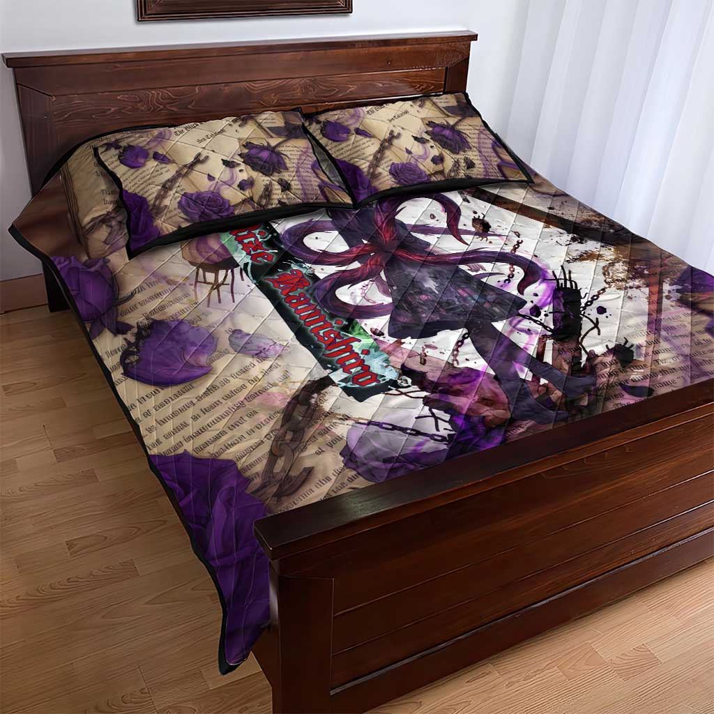 Rize Kamishiro Tokyo Ghoul Quilt Bed Set Gothic Collage Style with Newspaper and Purple Rose Motif
