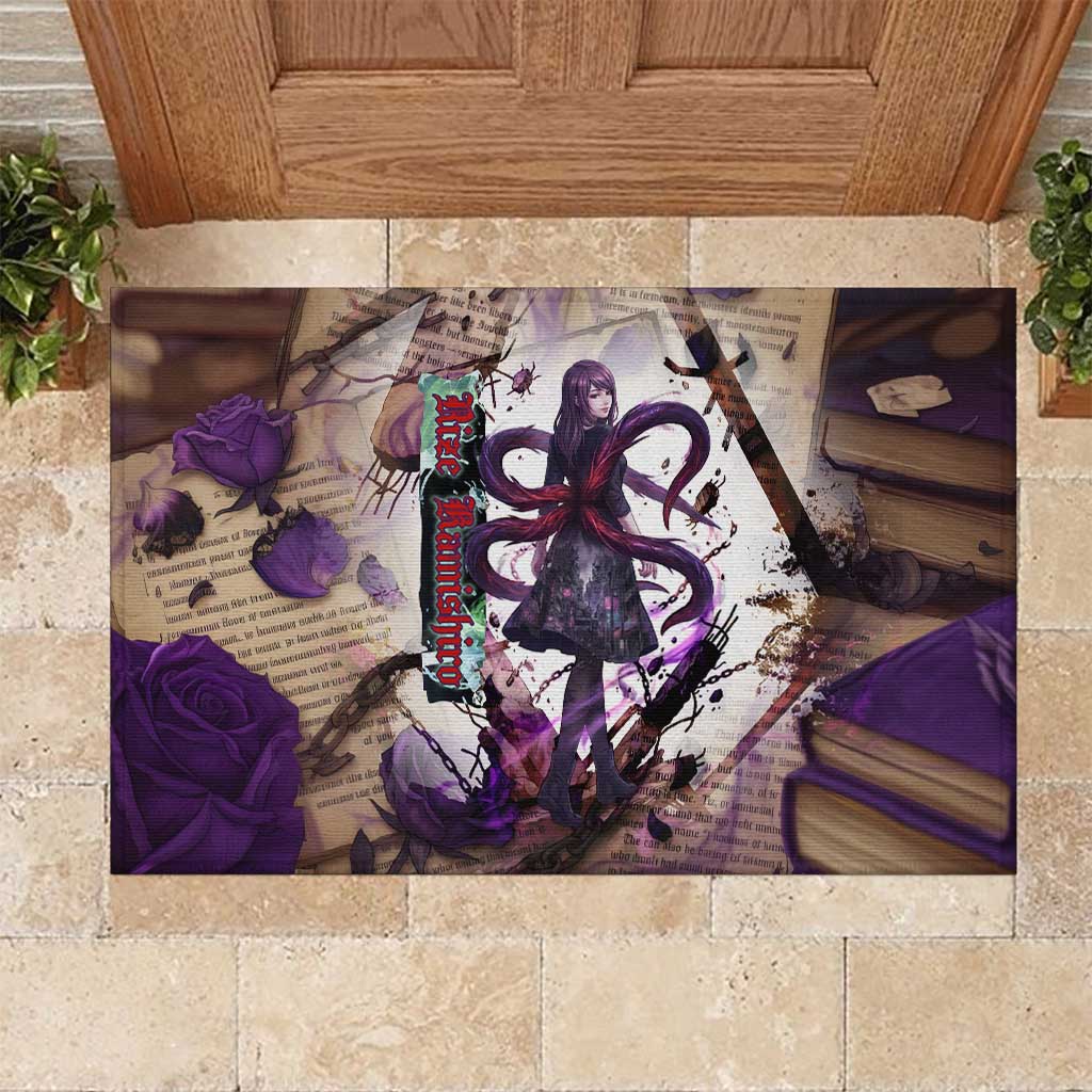 Rize Kamishiro Tokyo Ghoul Rubber Doormat Gothic Collage Style with Newspaper and Purple Rose Motif