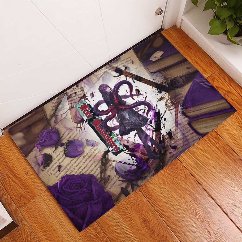 Rize Kamishiro Tokyo Ghoul Rubber Doormat Gothic Collage Style with Newspaper and Purple Rose Motif