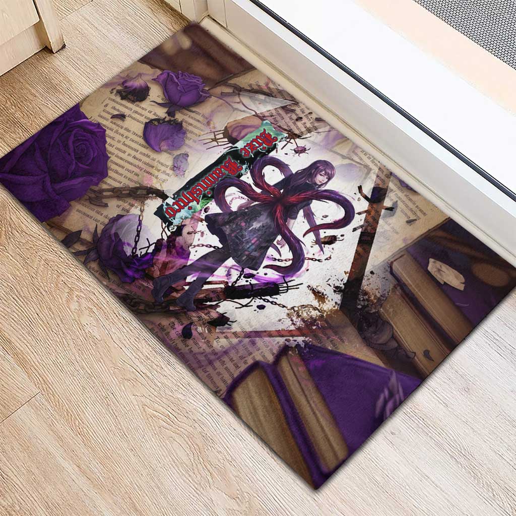 Rize Kamishiro Tokyo Ghoul Rubber Doormat Gothic Collage Style with Newspaper and Purple Rose Motif