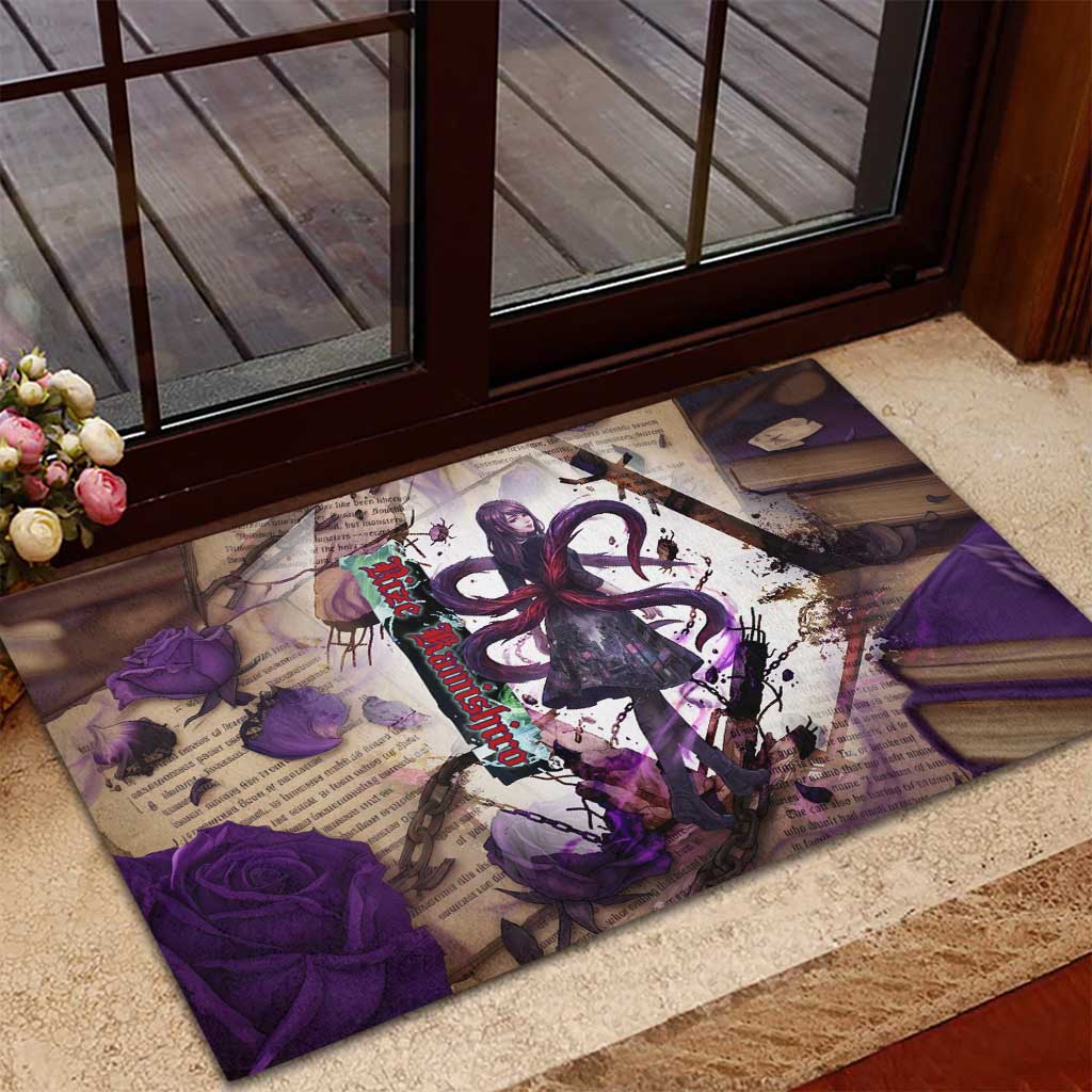 Rize Kamishiro Tokyo Ghoul Rubber Doormat Gothic Collage Style with Newspaper and Purple Rose Motif