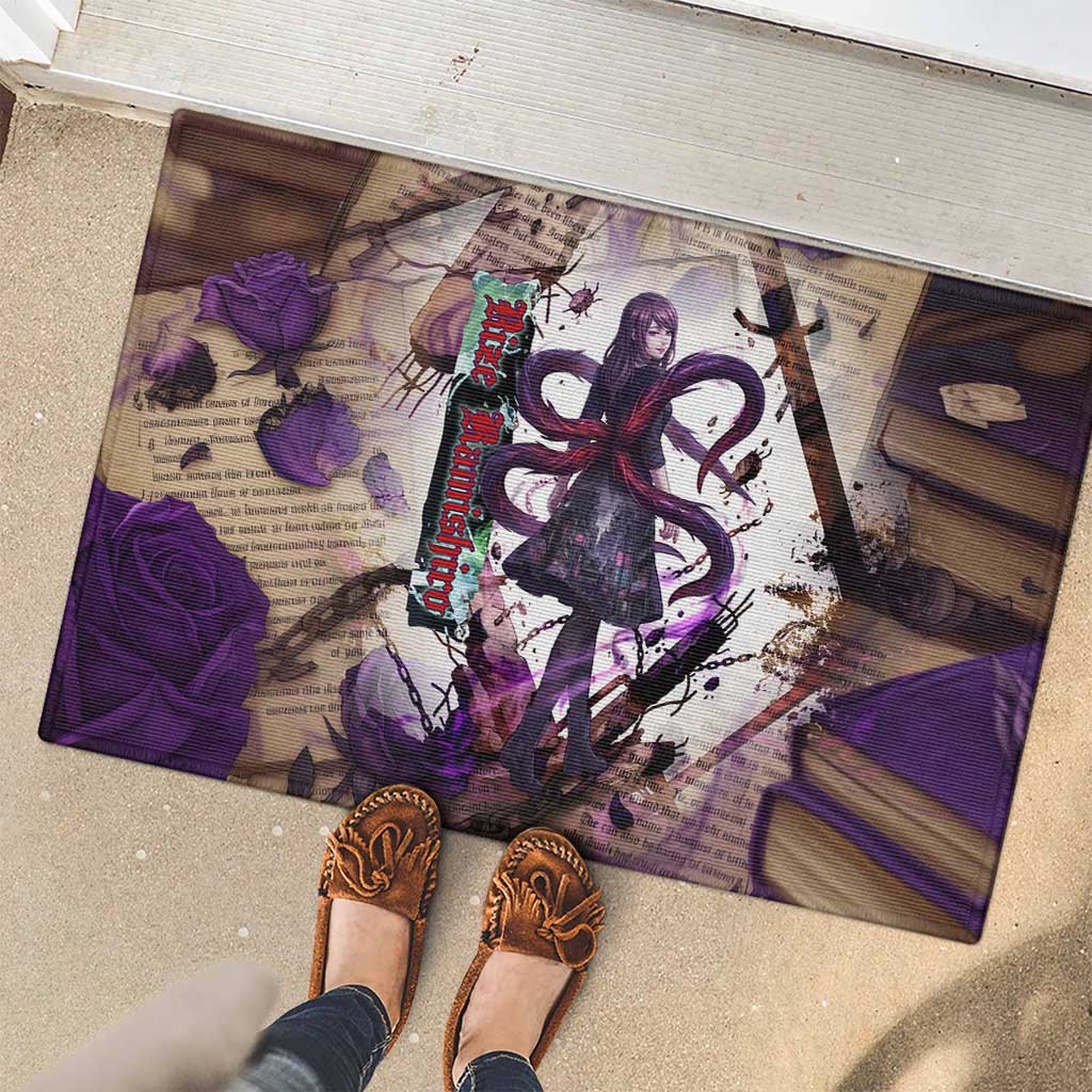 Rize Kamishiro Tokyo Ghoul Rubber Doormat Gothic Collage Style with Newspaper and Purple Rose Motif