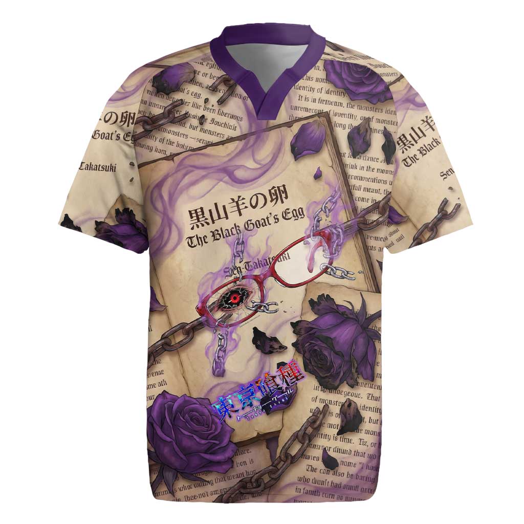 Rize Kamishiro Tokyo Ghoul Rugby Jersey Gothic Collage Style with Newspaper and Purple Rose Motif