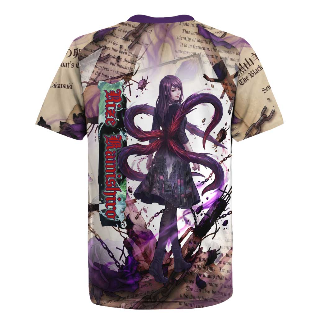 Rize Kamishiro Tokyo Ghoul Rugby Jersey Gothic Collage Style with Newspaper and Purple Rose Motif