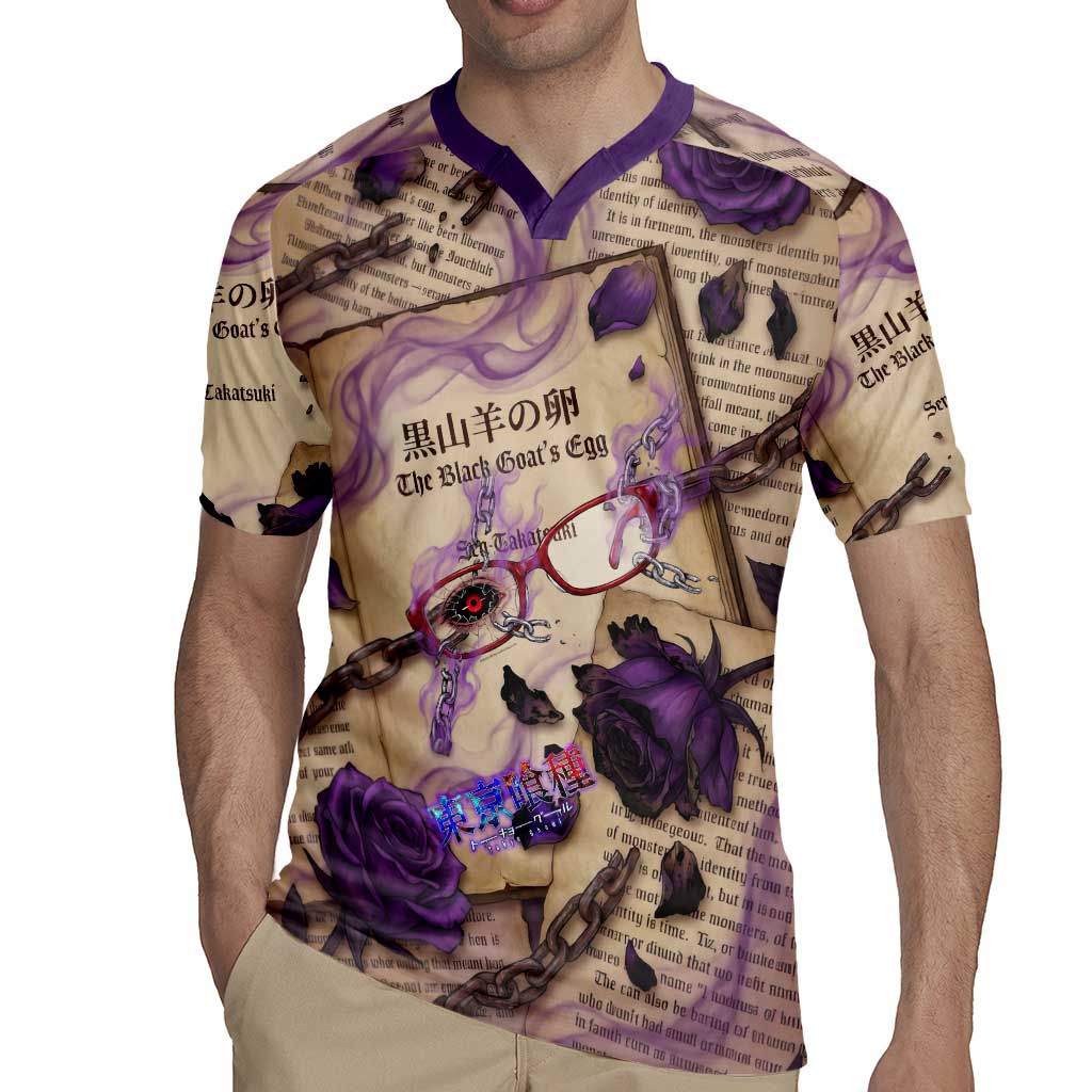 Rize Kamishiro Tokyo Ghoul Rugby Jersey Gothic Collage Style with Newspaper and Purple Rose Motif