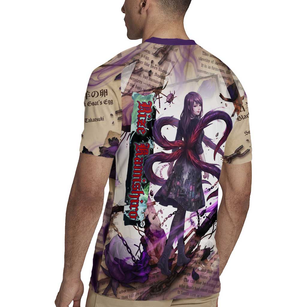 Rize Kamishiro Tokyo Ghoul Rugby Jersey Gothic Collage Style with Newspaper and Purple Rose Motif