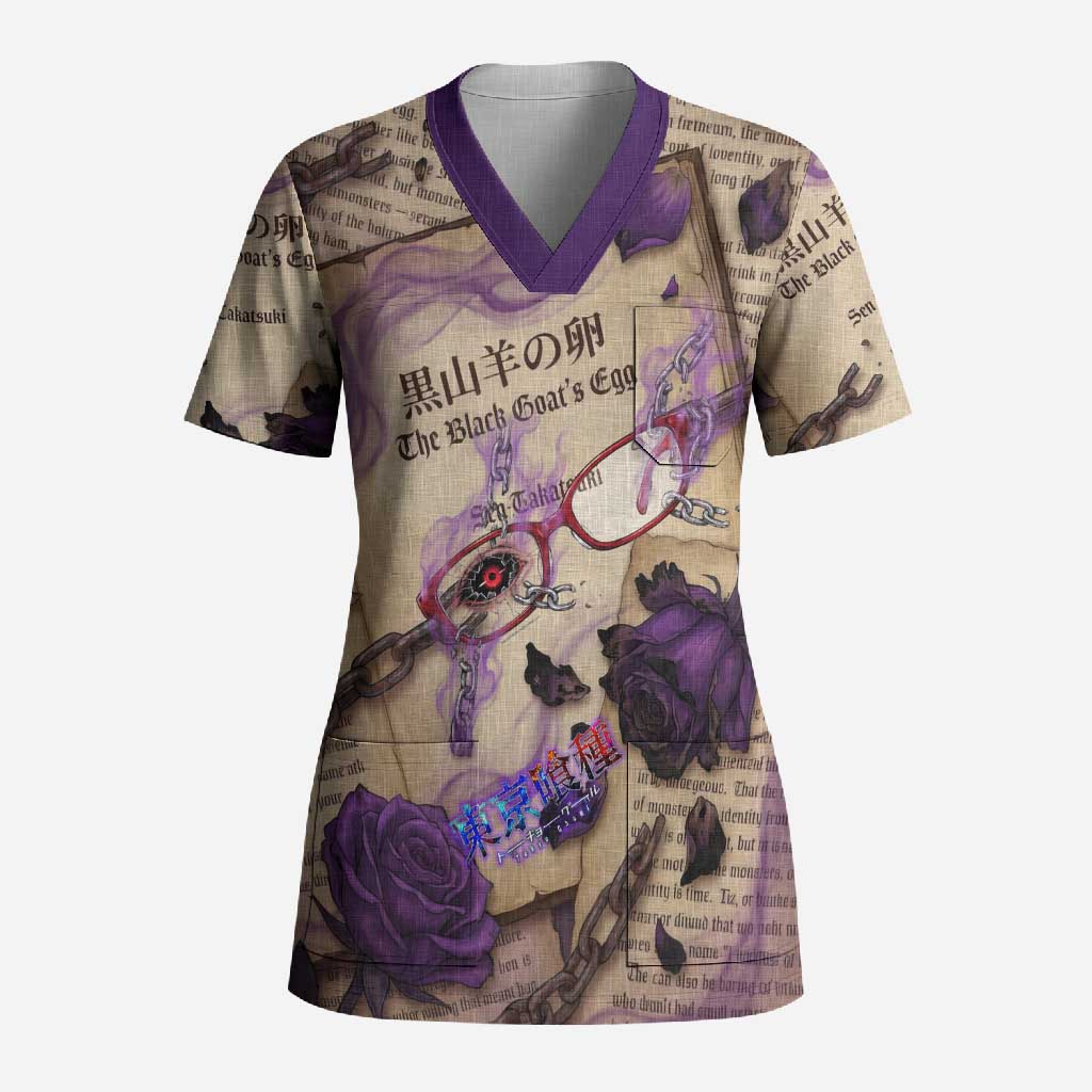 Rize Kamishiro Tokyo Ghoul Scrub Top Gothic Collage Style with Newspaper and Purple Rose Motif