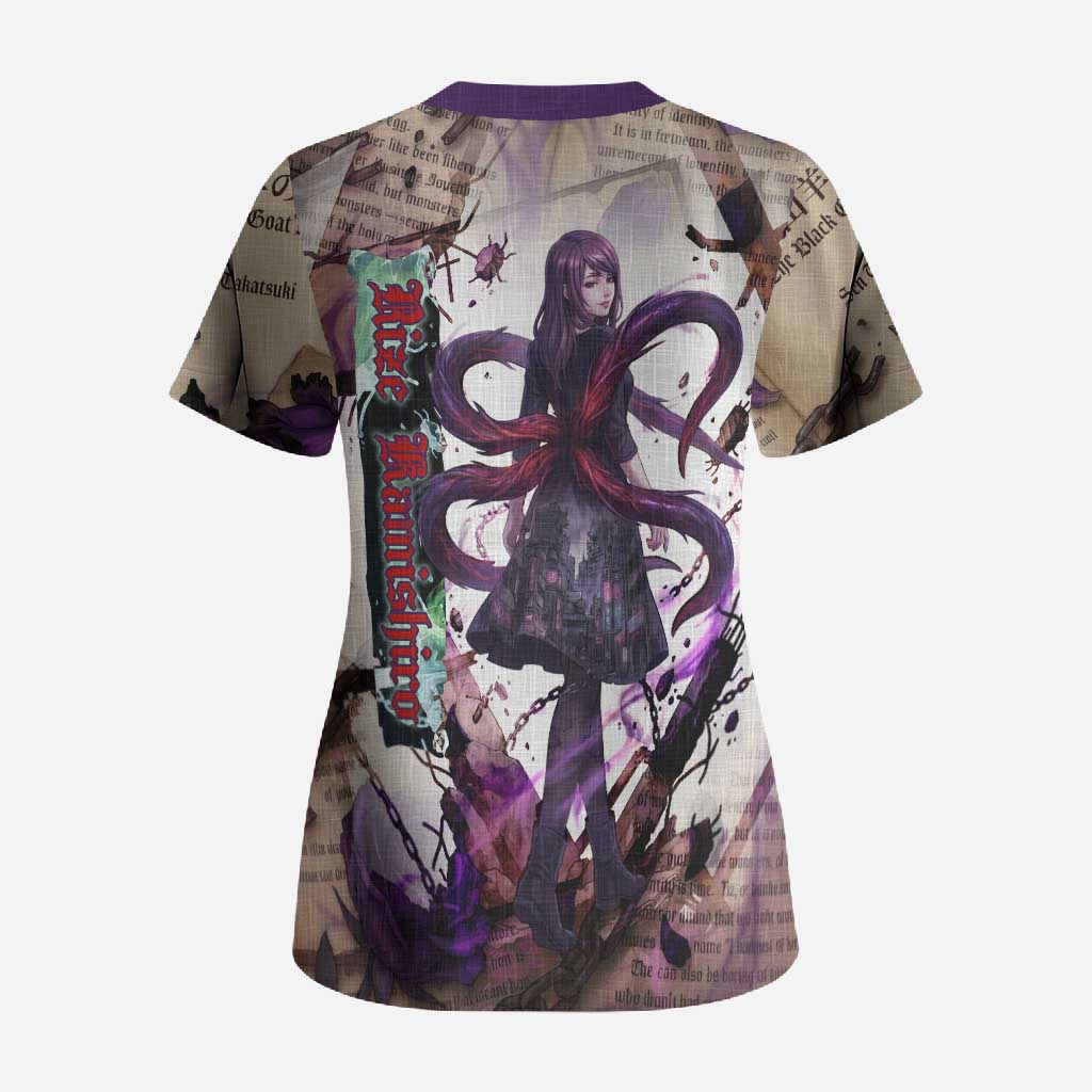 Rize Kamishiro Tokyo Ghoul Scrub Top Gothic Collage Style with Newspaper and Purple Rose Motif