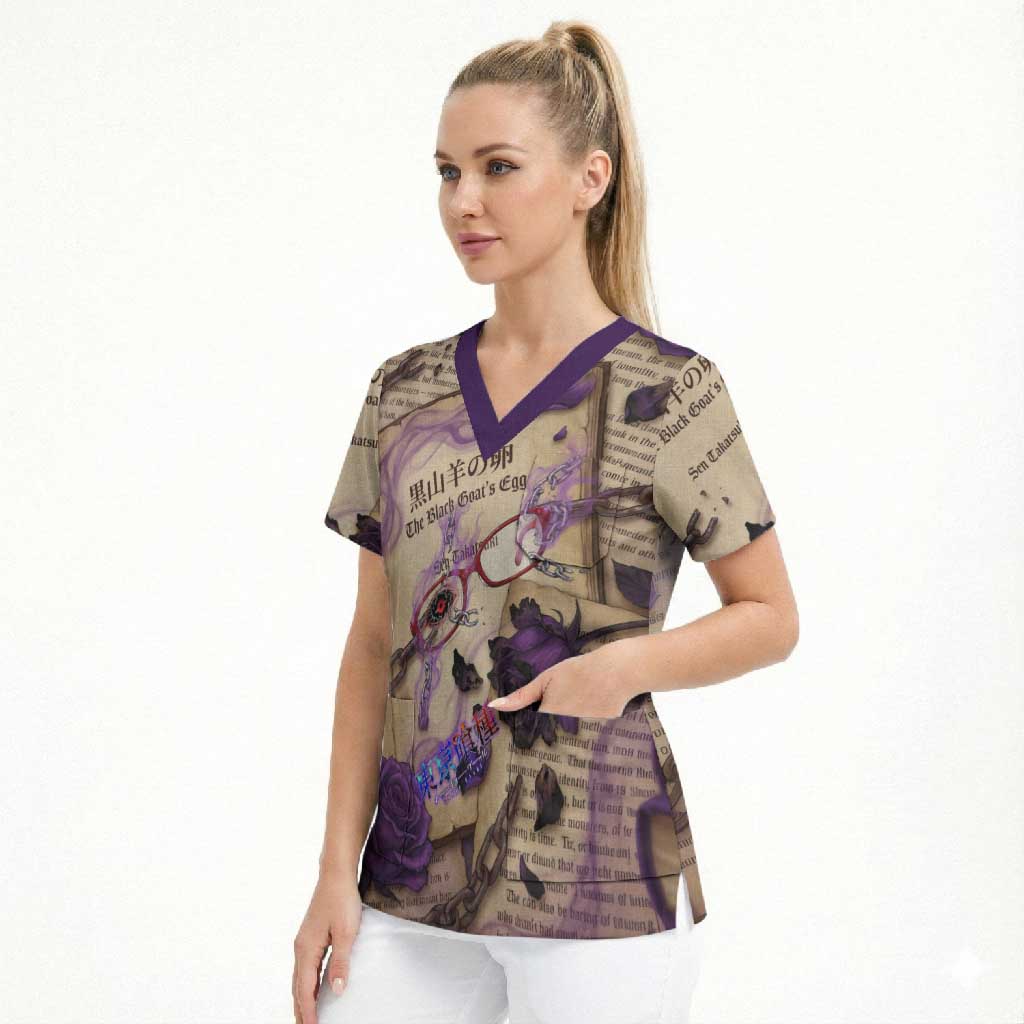 Rize Kamishiro Tokyo Ghoul Scrub Top Gothic Collage Style with Newspaper and Purple Rose Motif
