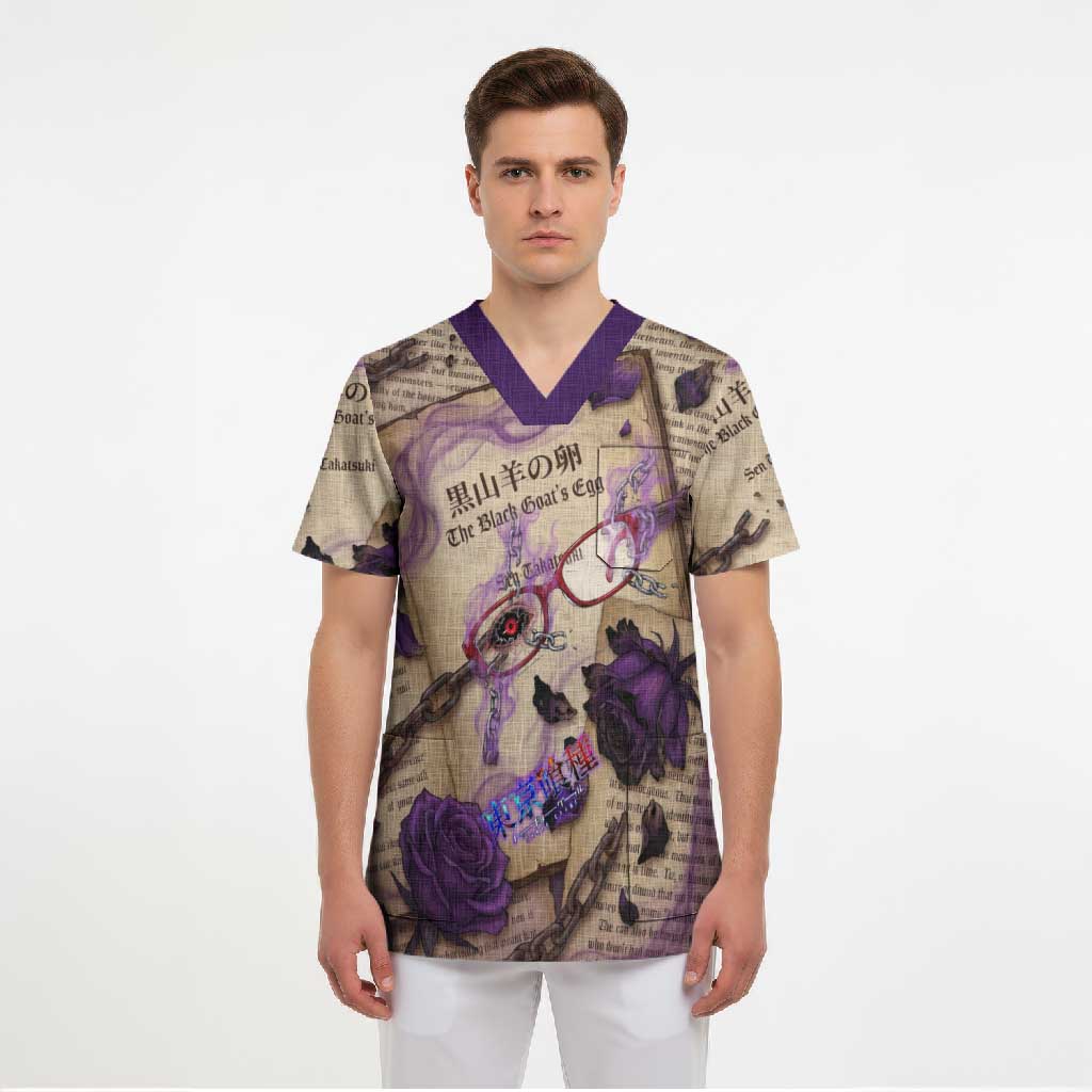 Rize Kamishiro Tokyo Ghoul Scrub Top Gothic Collage Style with Newspaper and Purple Rose Motif