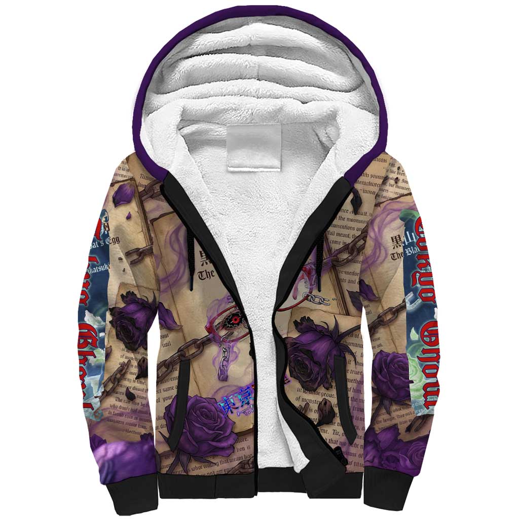 Rize Kamishiro Tokyo Ghoul Sherpa Hoodie Gothic Collage Style with Newspaper and Purple Rose Motif