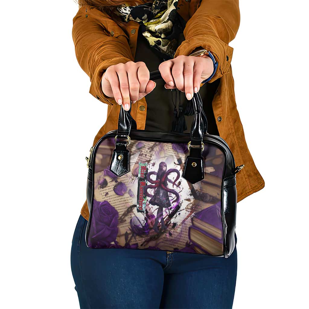 Rize Kamishiro Tokyo Ghoul Shoulder Handbag Gothic Collage Style with Newspaper and Purple Rose Motif