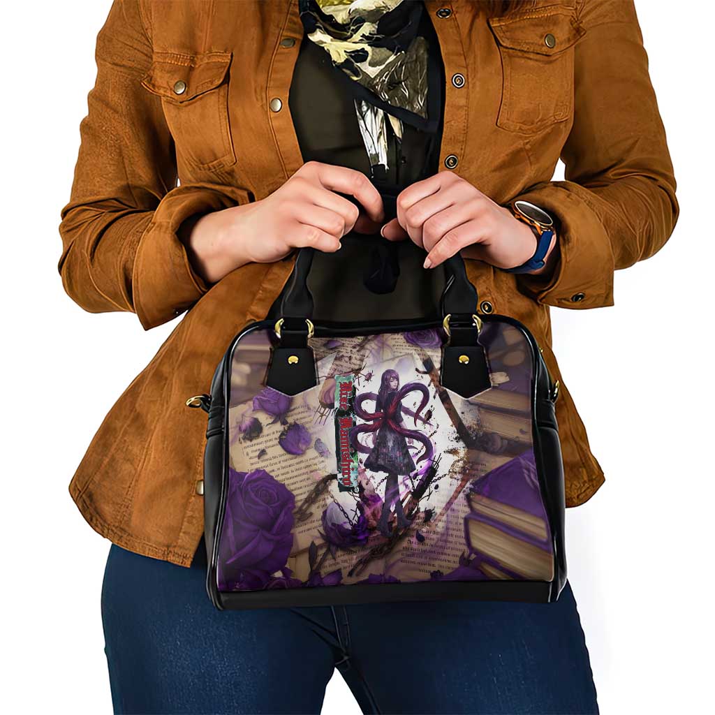 Rize Kamishiro Tokyo Ghoul Shoulder Handbag Gothic Collage Style with Newspaper and Purple Rose Motif