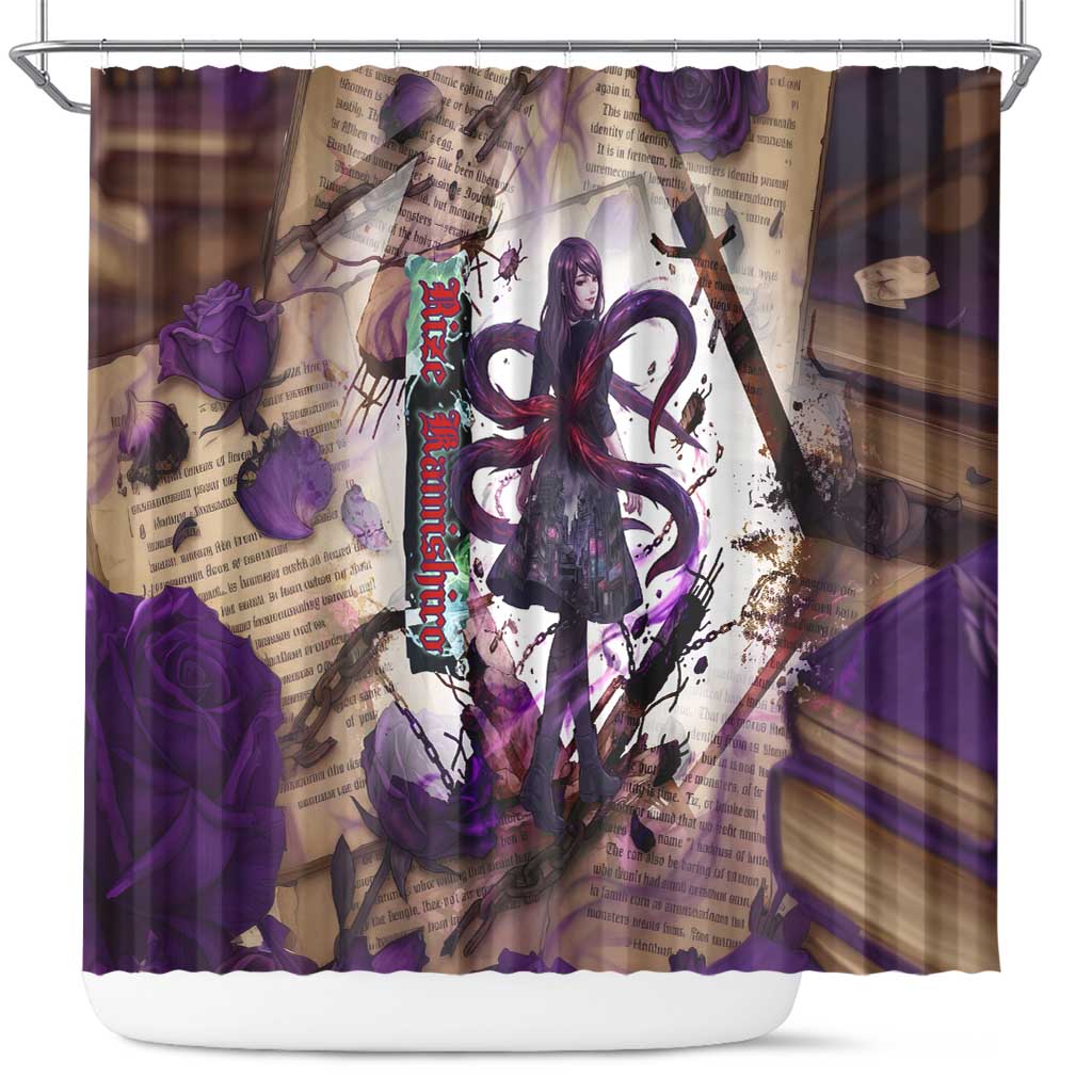 Rize Kamishiro Tokyo Ghoul Shower Curtain Gothic Collage Style with Newspaper and Purple Rose Motif