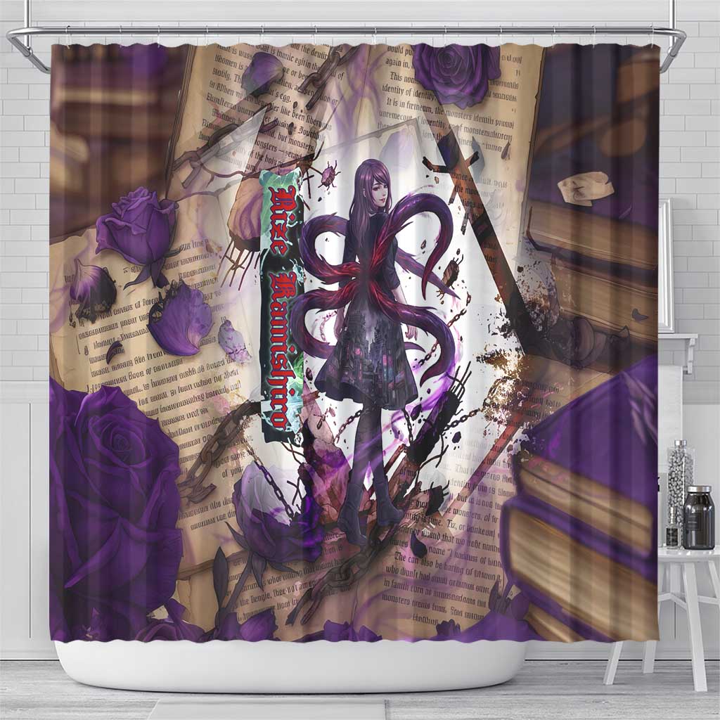 Rize Kamishiro Tokyo Ghoul Shower Curtain Gothic Collage Style with Newspaper and Purple Rose Motif