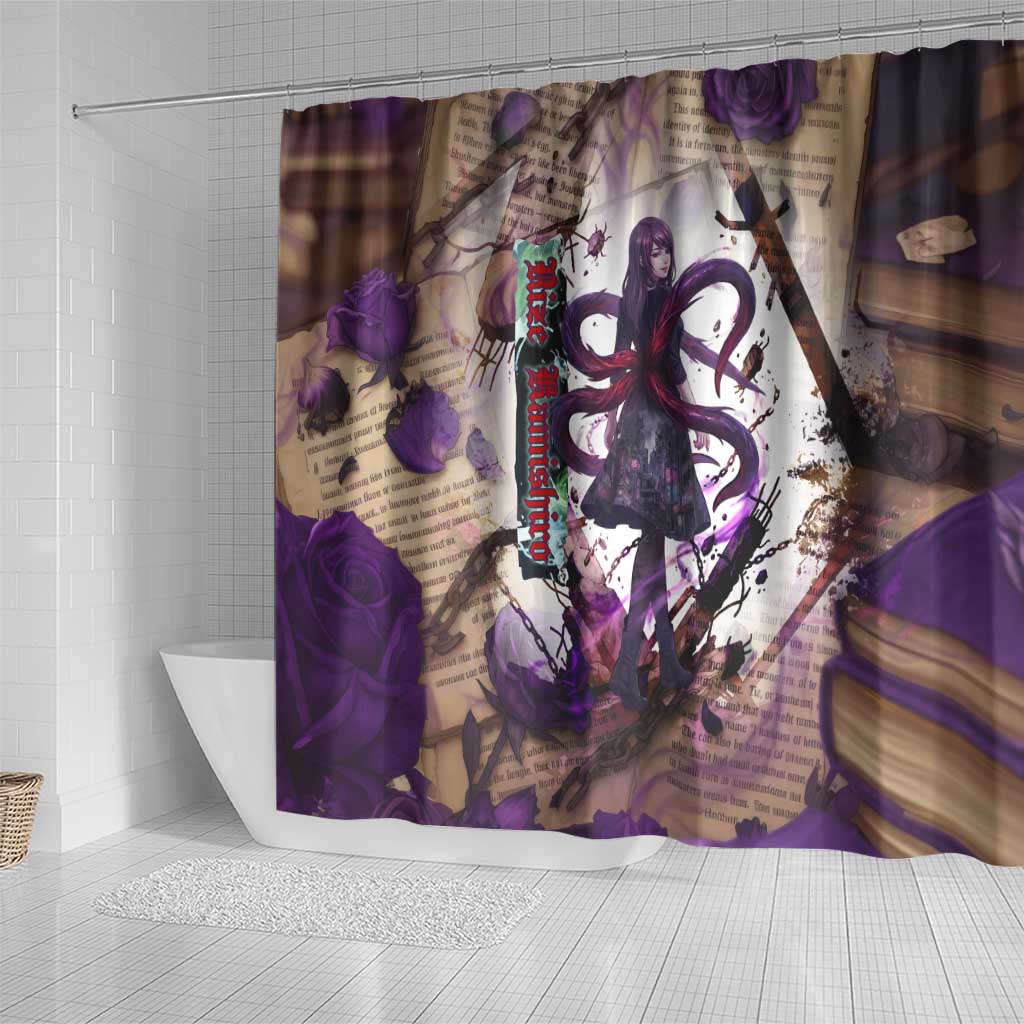 Rize Kamishiro Tokyo Ghoul Shower Curtain Gothic Collage Style with Newspaper and Purple Rose Motif