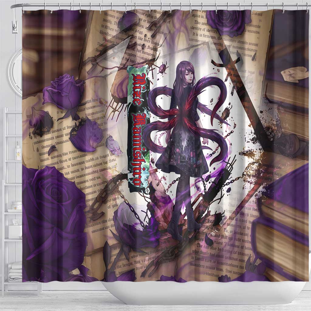 Rize Kamishiro Tokyo Ghoul Shower Curtain Gothic Collage Style with Newspaper and Purple Rose Motif