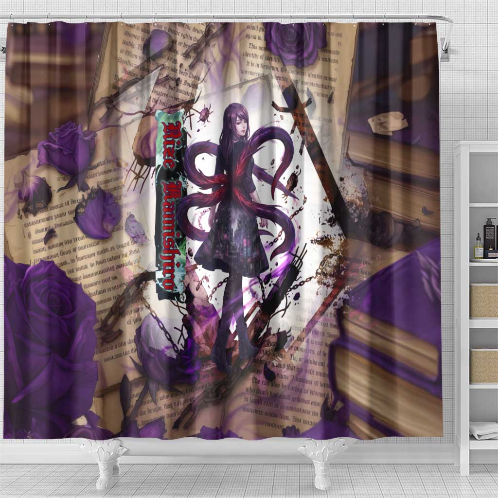 Rize Kamishiro Tokyo Ghoul Shower Curtain Gothic Collage Style with Newspaper and Purple Rose Motif