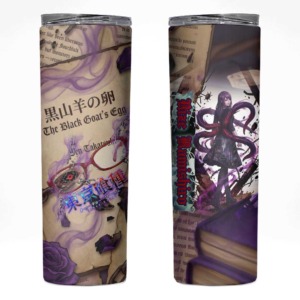 Rize Kamishiro Tokyo Ghoul Skinny Tumbler Gothic Collage Style with Newspaper and Purple Rose Motif
