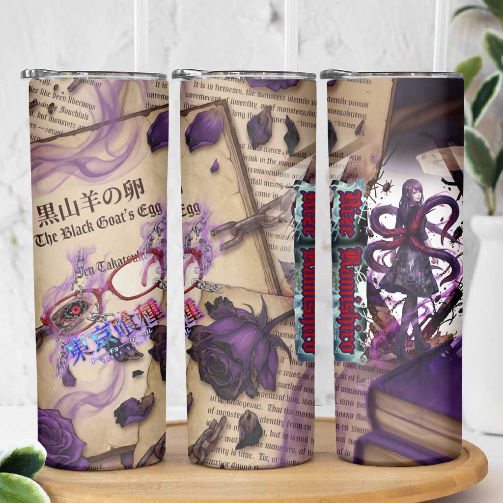 Rize Kamishiro Tokyo Ghoul Skinny Tumbler Gothic Collage Style with Newspaper and Purple Rose Motif
