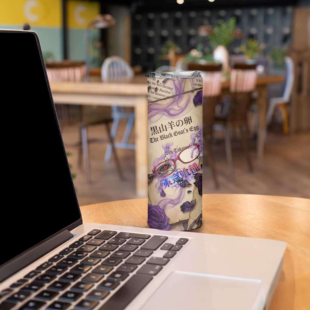 Rize Kamishiro Tokyo Ghoul Skinny Tumbler Gothic Collage Style with Newspaper and Purple Rose Motif