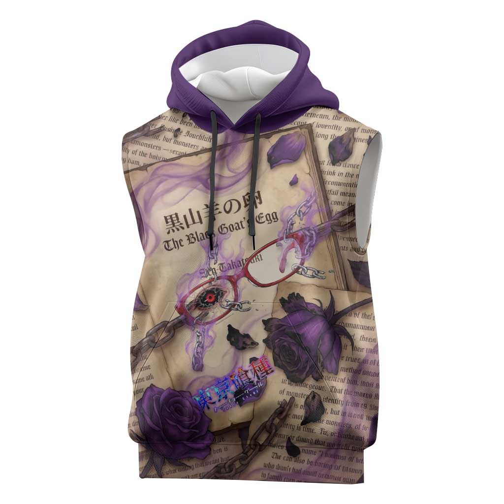 Rize Kamishiro Tokyo Ghoul Sleeveless Hoodie Gothic Collage Style with Newspaper and Purple Rose Motif