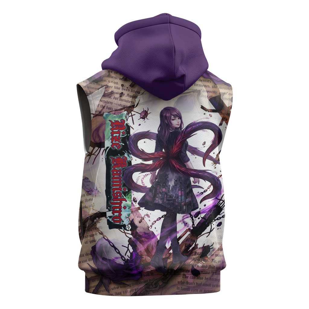 Rize Kamishiro Tokyo Ghoul Sleeveless Hoodie Gothic Collage Style with Newspaper and Purple Rose Motif