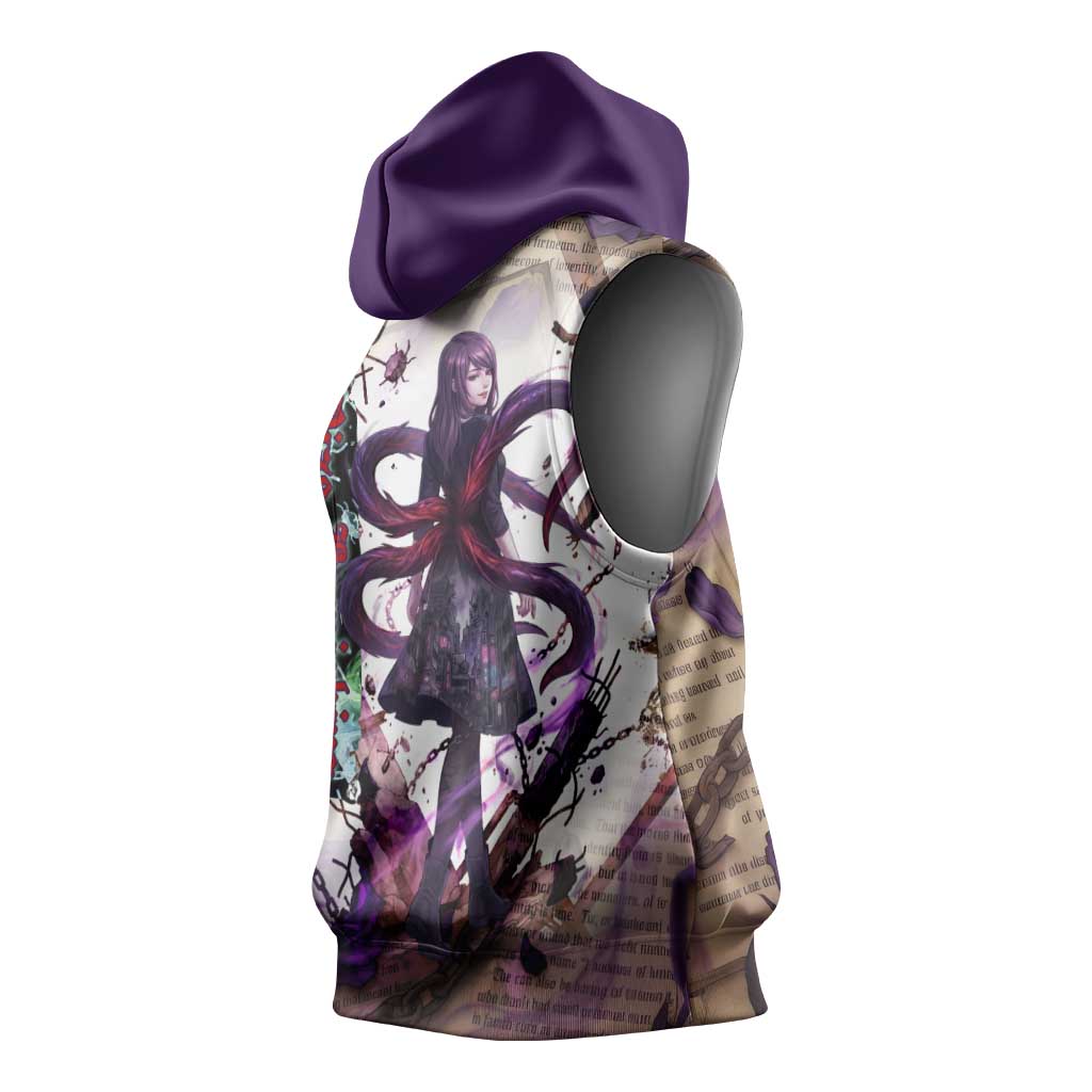 Rize Kamishiro Tokyo Ghoul Sleeveless Hoodie Gothic Collage Style with Newspaper and Purple Rose Motif