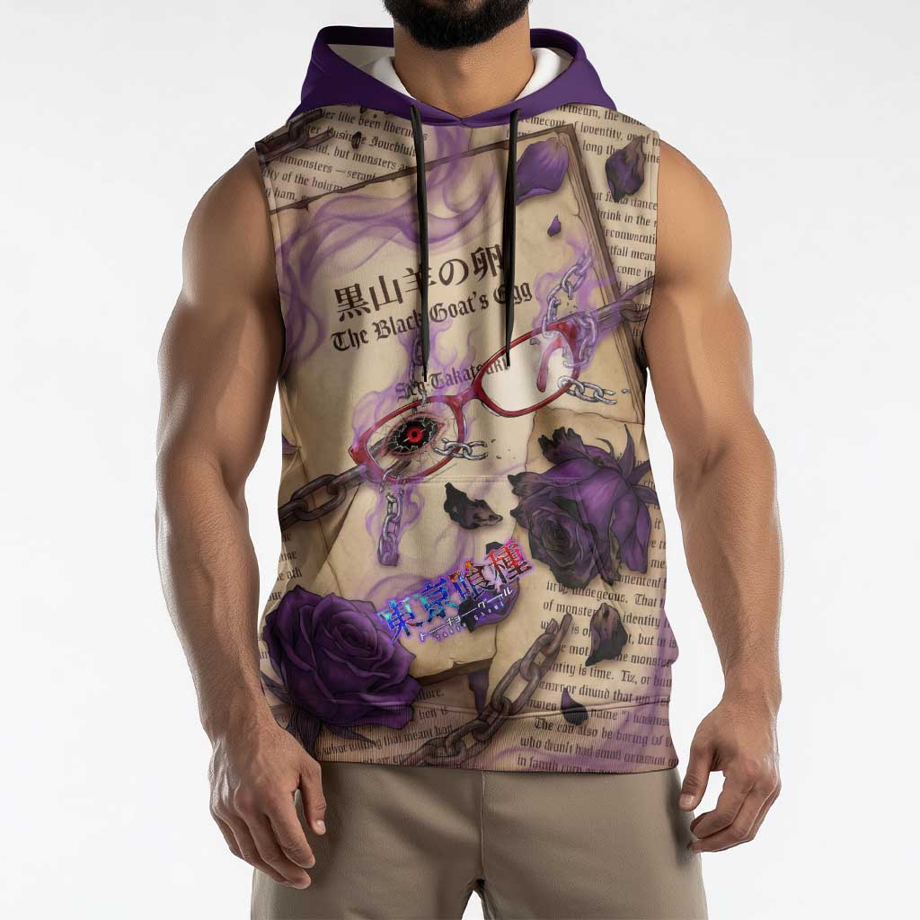 Rize Kamishiro Tokyo Ghoul Sleeveless Hoodie Gothic Collage Style with Newspaper and Purple Rose Motif
