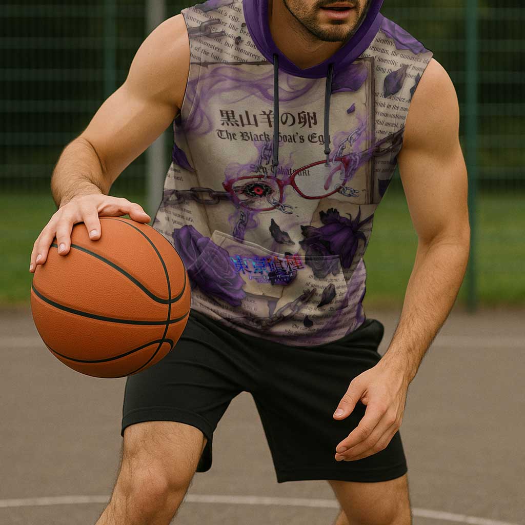 Rize Kamishiro Tokyo Ghoul Sleeveless Hoodie Gothic Collage Style with Newspaper and Purple Rose Motif
