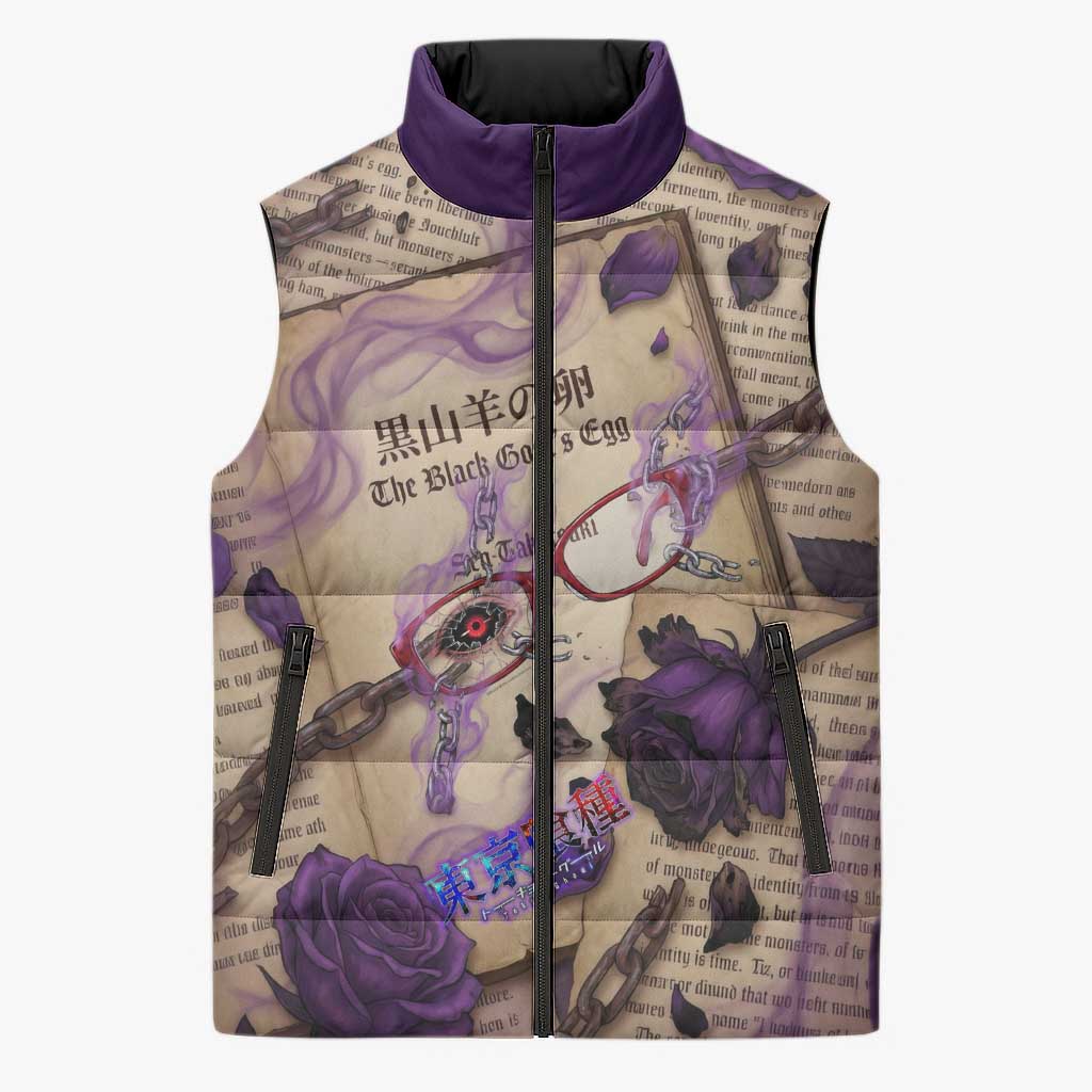 Rize Kamishiro Tokyo Ghoul Sleeveless Puffer Jacket Gothic Collage Style with Newspaper and Purple Rose Motif