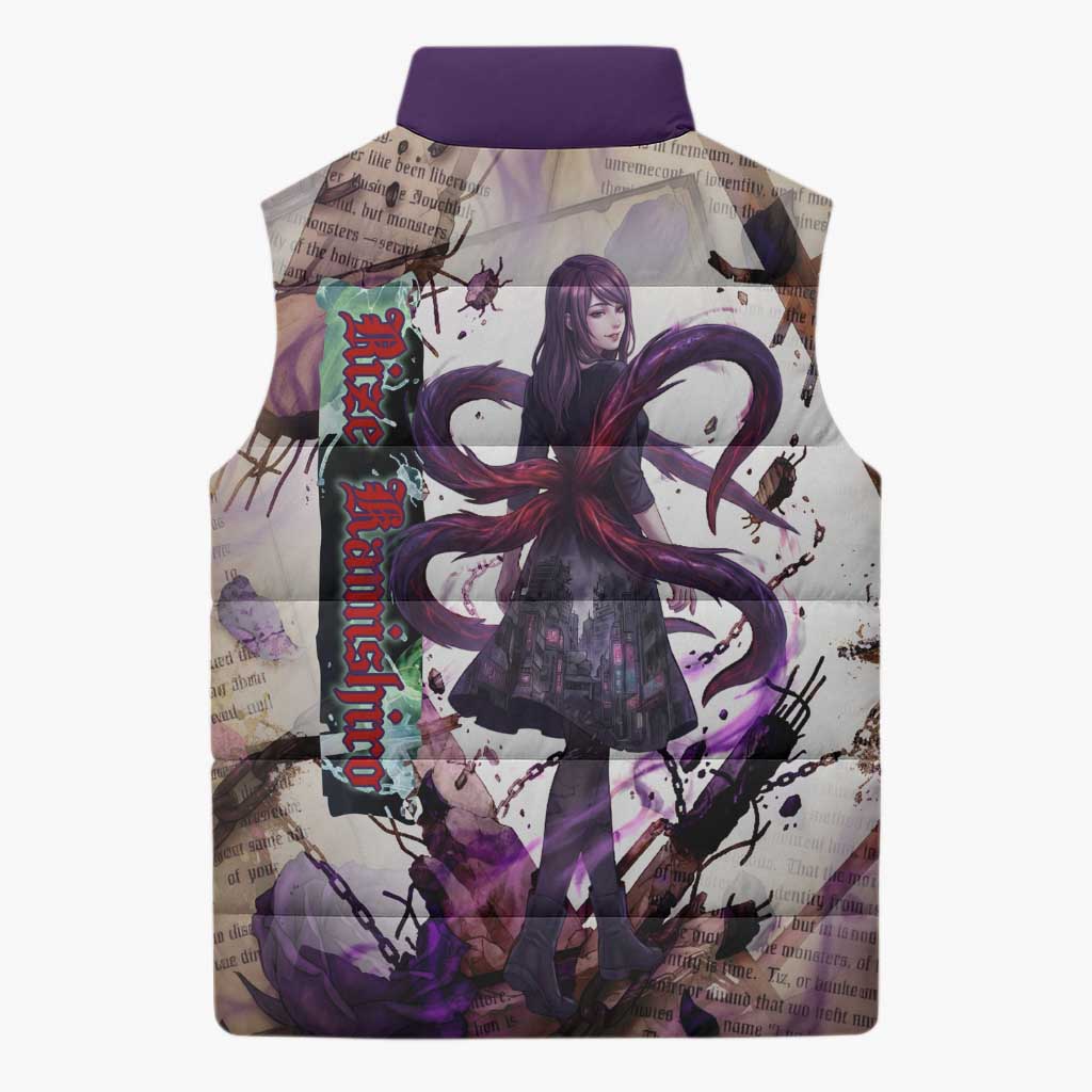 Rize Kamishiro Tokyo Ghoul Sleeveless Puffer Jacket Gothic Collage Style with Newspaper and Purple Rose Motif