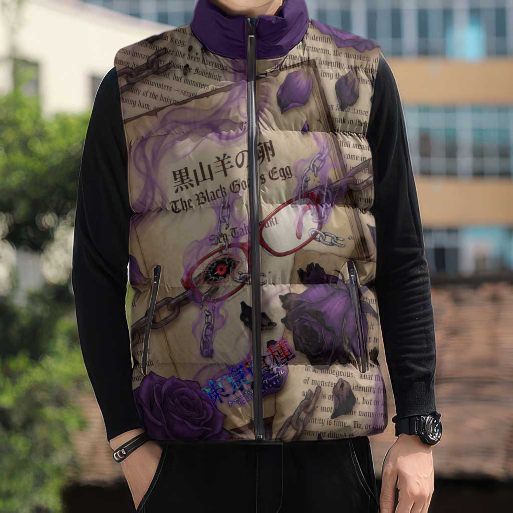 Rize Kamishiro Tokyo Ghoul Sleeveless Puffer Jacket Gothic Collage Style with Newspaper and Purple Rose Motif