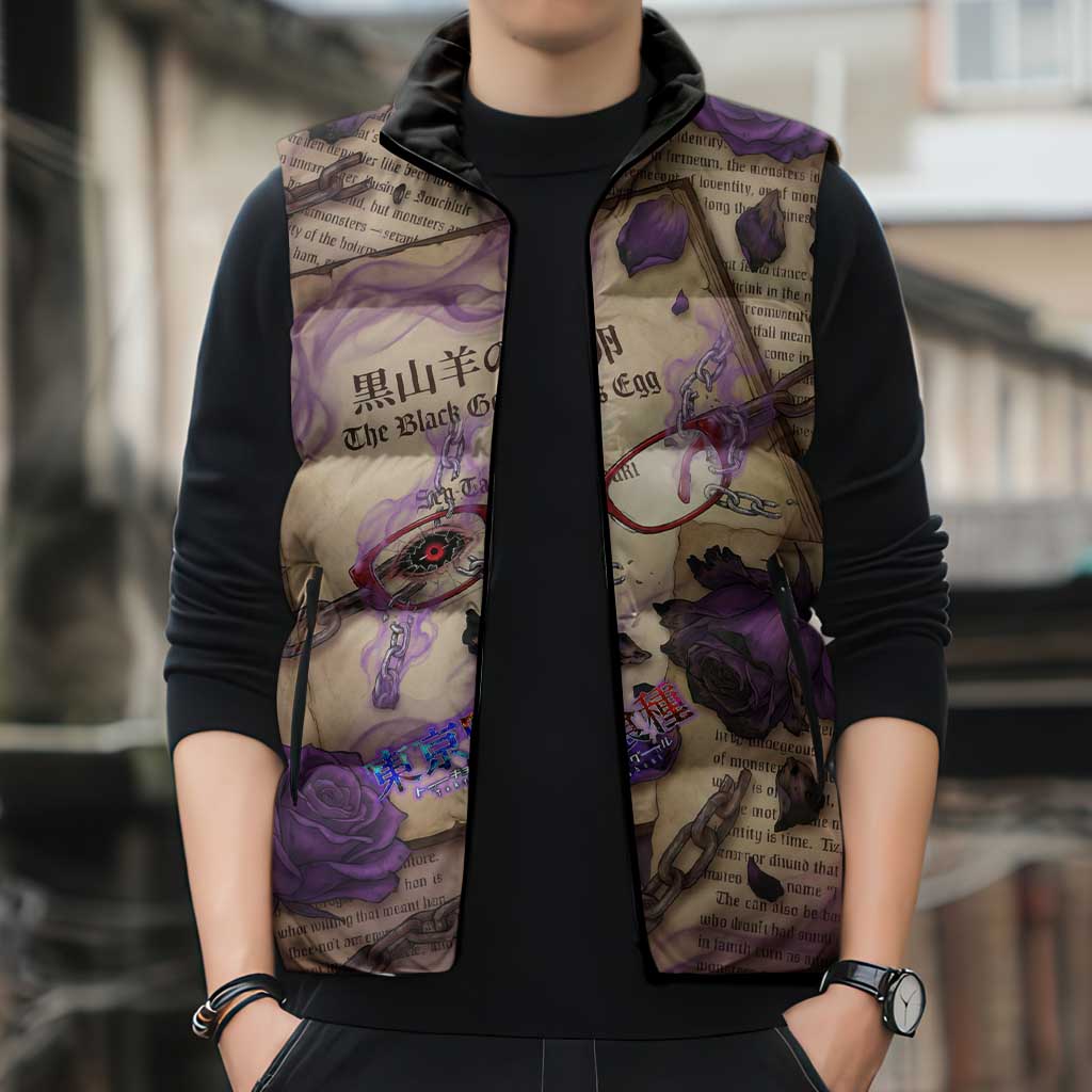 Rize Kamishiro Tokyo Ghoul Sleeveless Puffer Jacket Gothic Collage Style with Newspaper and Purple Rose Motif