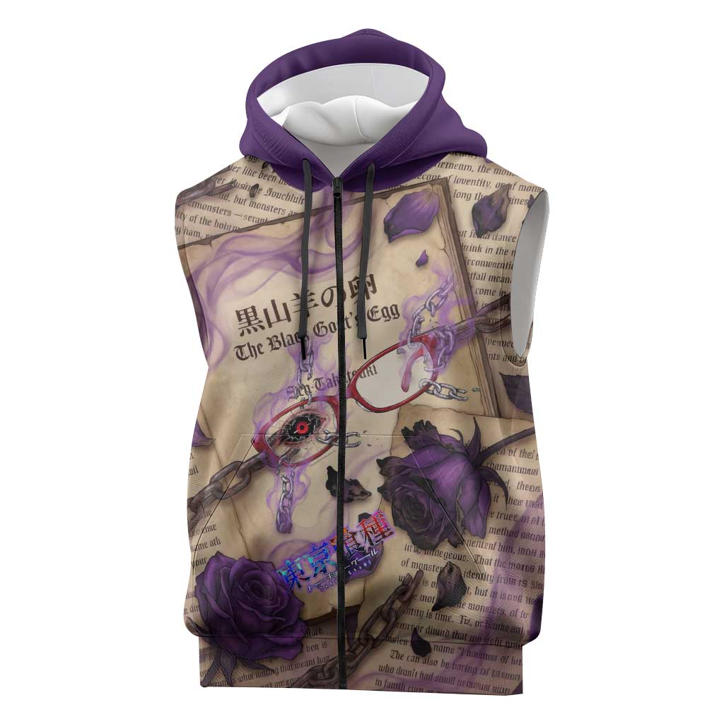 Rize Kamishiro Tokyo Ghoul Sleeveless Zip Hoodie Gothic Collage Style with Newspaper and Purple Rose Motif