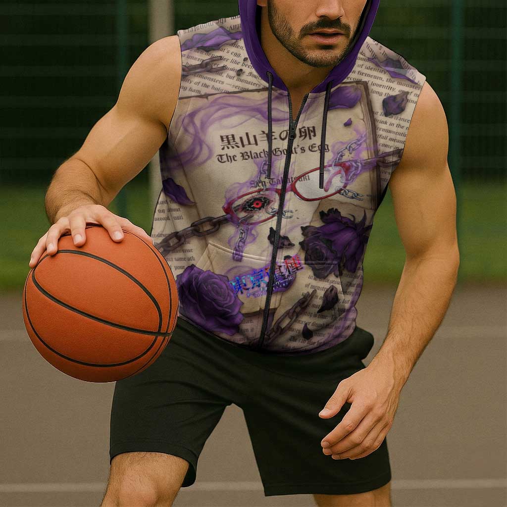 Rize Kamishiro Tokyo Ghoul Sleeveless Zip Hoodie Gothic Collage Style with Newspaper and Purple Rose Motif