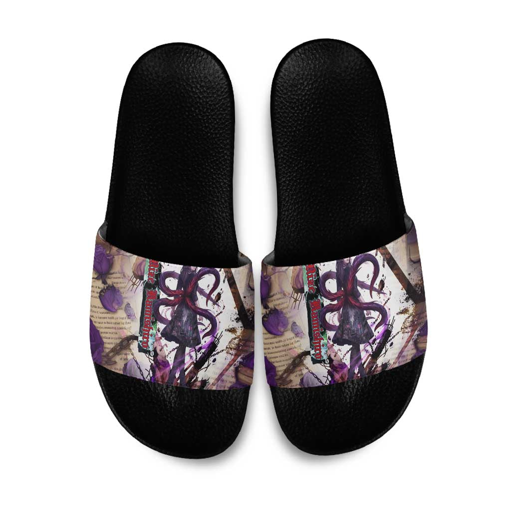Rize Kamishiro Tokyo Ghoul Slide Sandals Gothic Collage Style with Newspaper and Purple Rose Motif