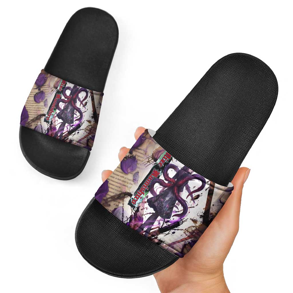 Rize Kamishiro Tokyo Ghoul Slide Sandals Gothic Collage Style with Newspaper and Purple Rose Motif
