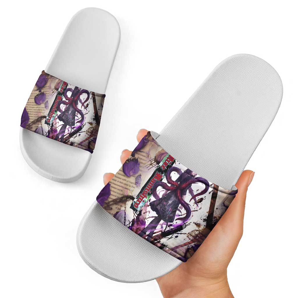 Rize Kamishiro Tokyo Ghoul Slide Sandals Gothic Collage Style with Newspaper and Purple Rose Motif